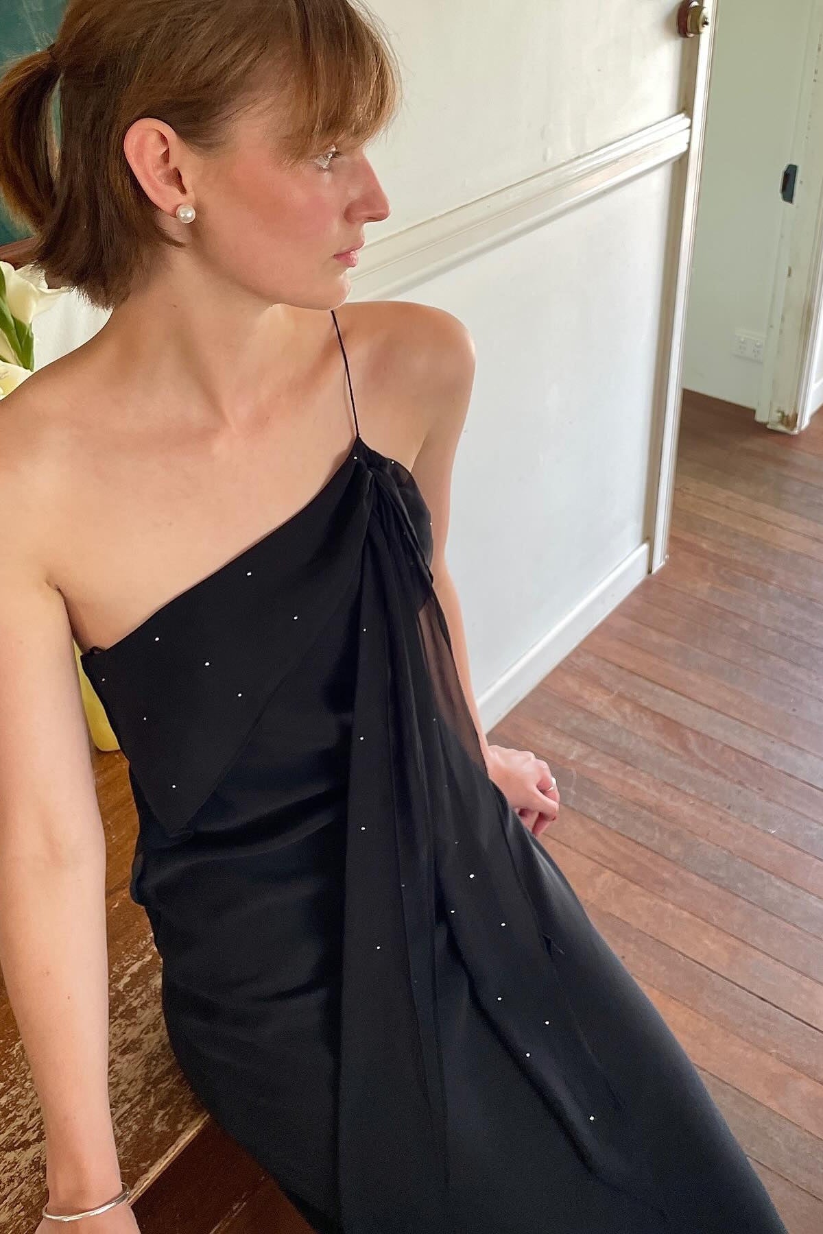 Chic Sheath One Shoulder Black Floor Length Party Dress with Ruffles