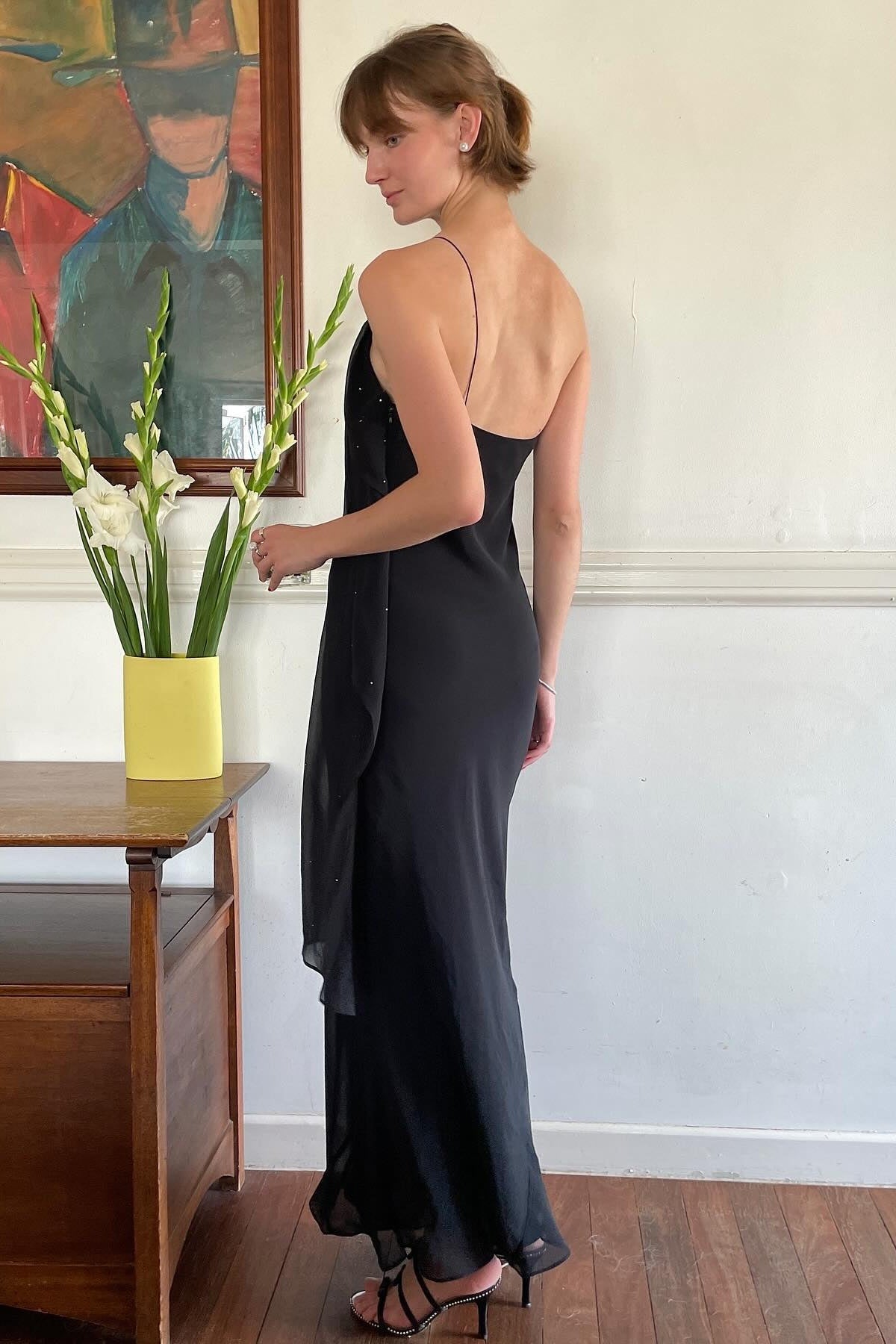 Chic Sheath One Shoulder Black Floor Length Party Dress with Ruffles