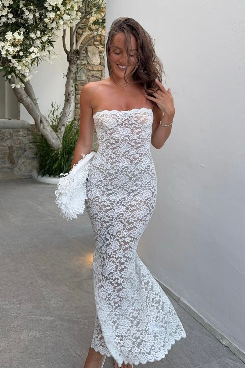 Chic Sheath Strapless White Lace Tea Length Party Dress