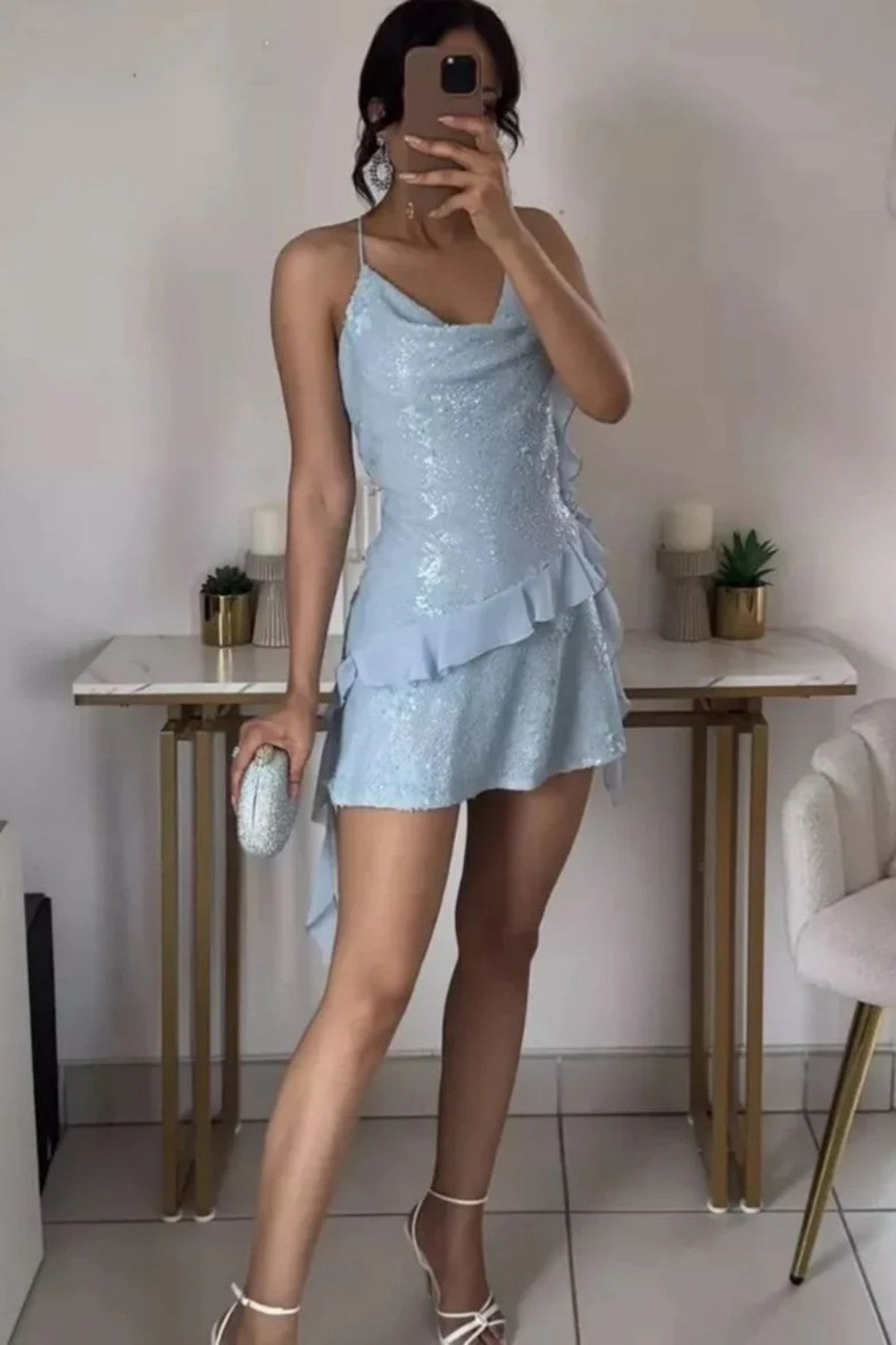 Chic Sparkle Spaghetti Straps Homecoming Dress with Flowy Ruffled Mini Skirt