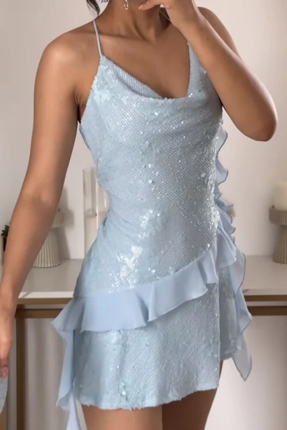 Chic Sparkle Spaghetti Straps Homecoming Dress with Flowy Ruffled Mini Skirt