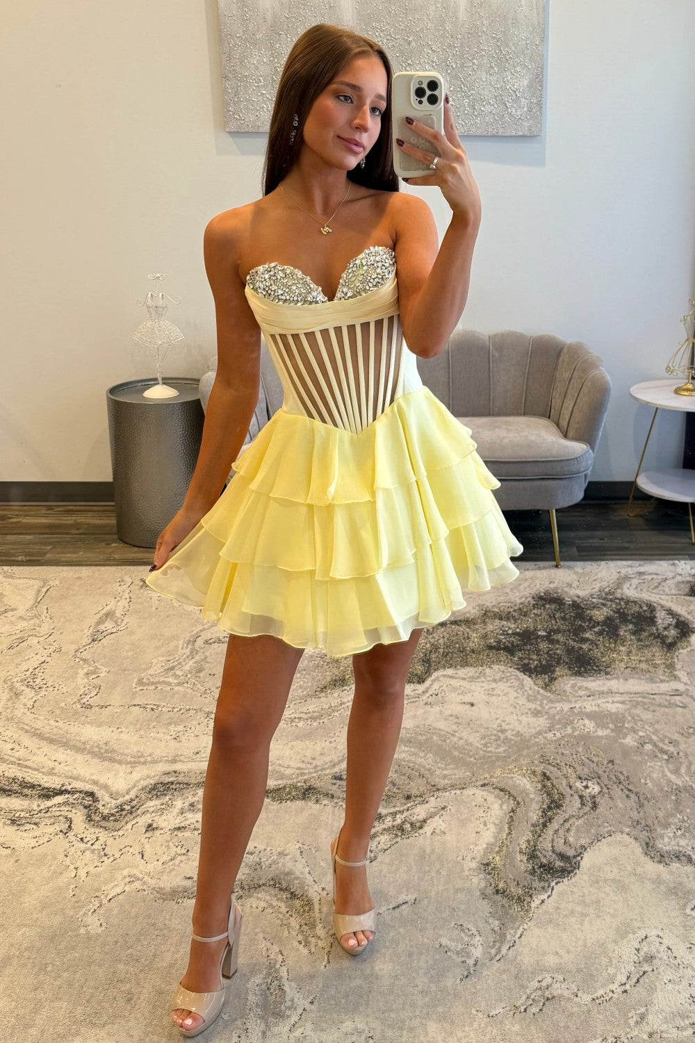 Chic Yellow Corset Bodice Ruffled Tulle Homecoming Dress with Sparkling Details