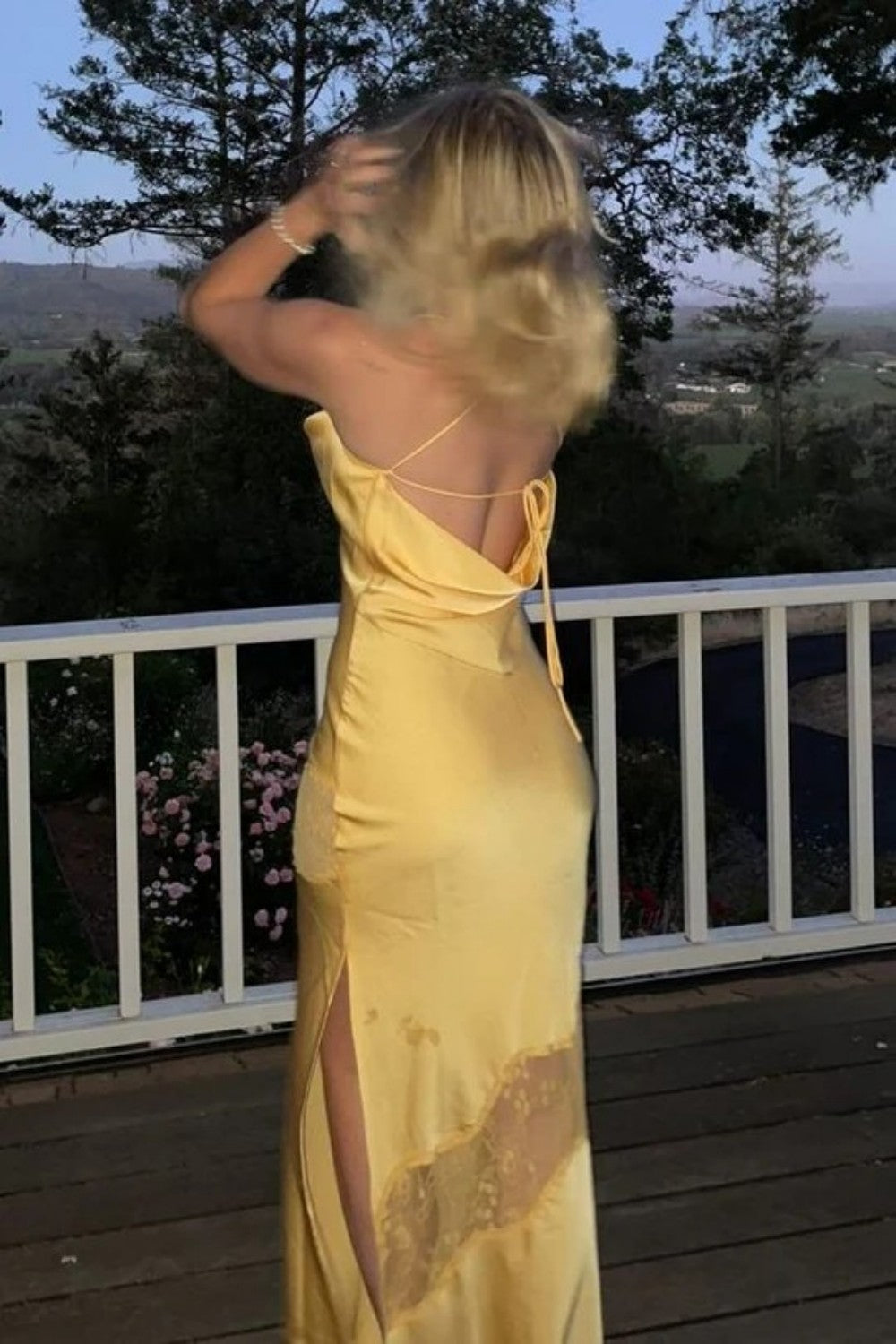 Chic Yellow Satin Gown with Lace Accents for Formal Occasions