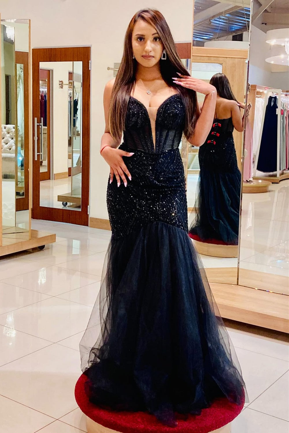 Classic Black Sequin Deep V Neck Mermaid Prom Dress With Tulle Skirt