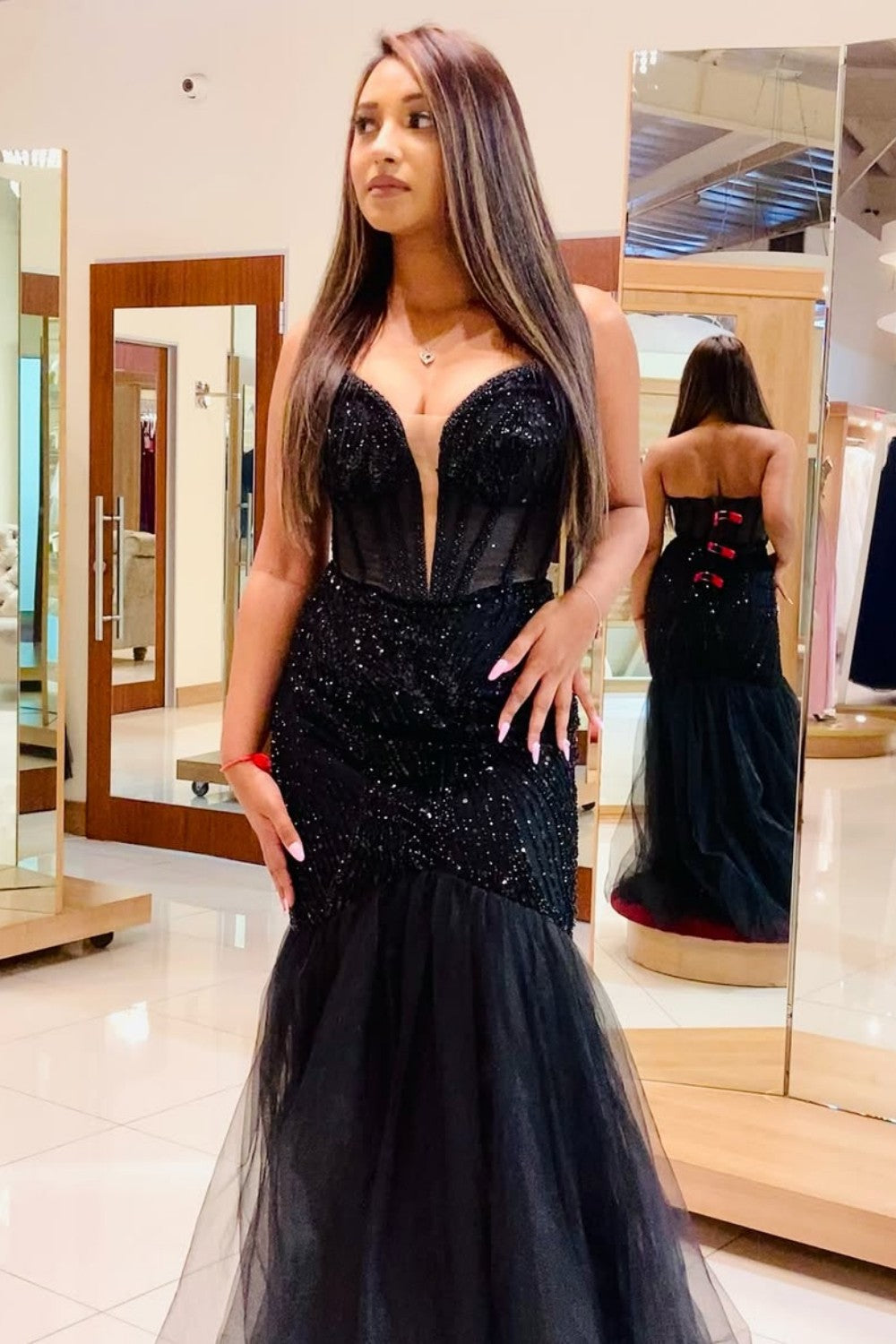 Classic Black Sequin Deep V Neck Mermaid Prom Dress With Tulle Skirt
