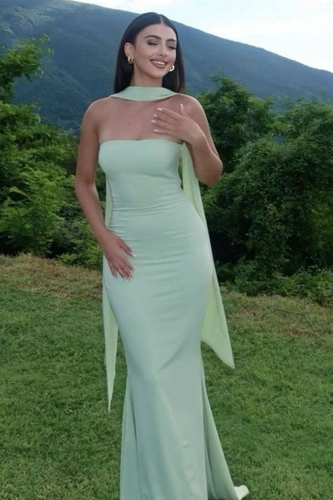 Classic Mermaid Strapless Yellow Long Prom Dress with Scarf