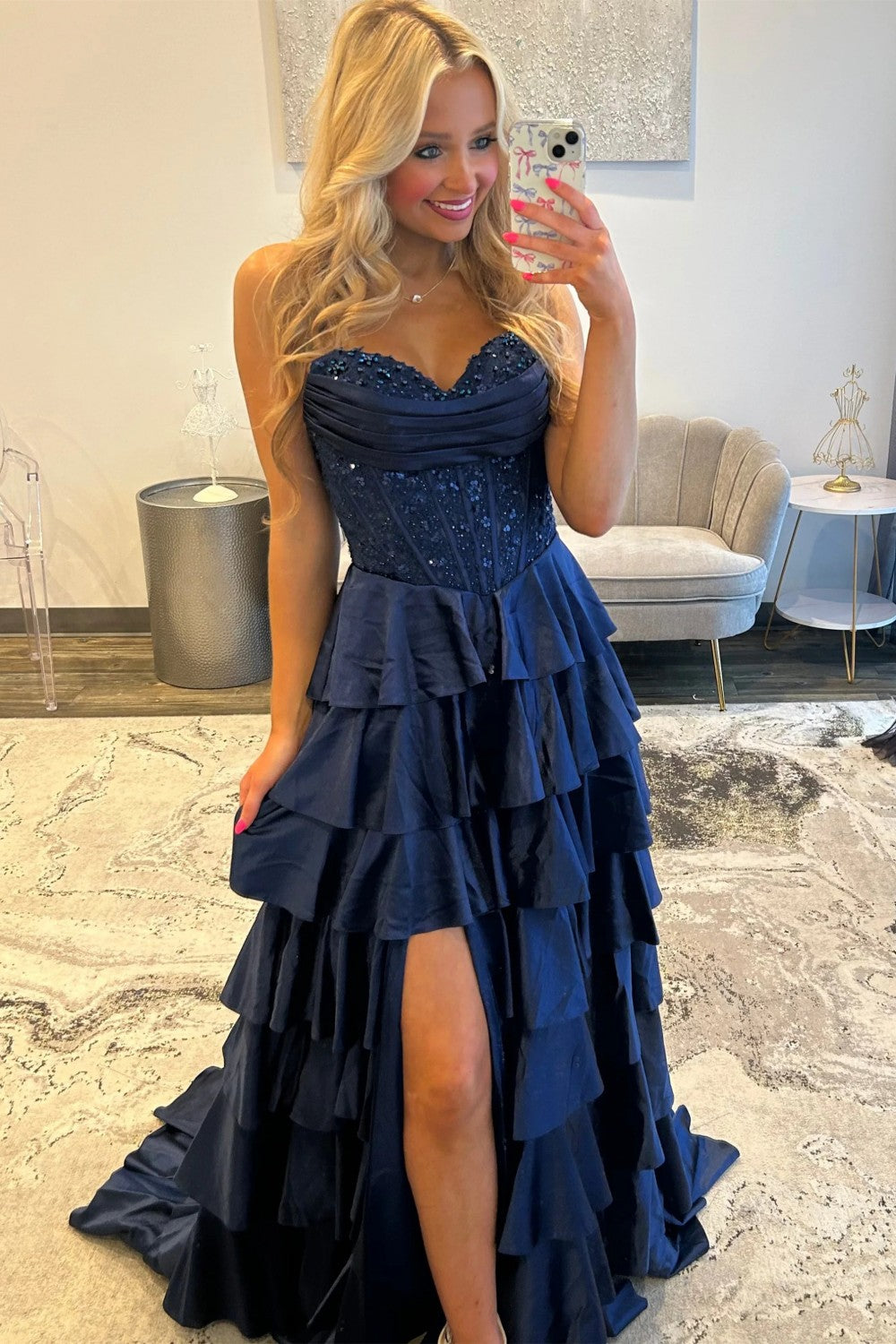 Classic Navy Blue A-Line Sweetheart Corset Prom Dress With Tiered Skirt