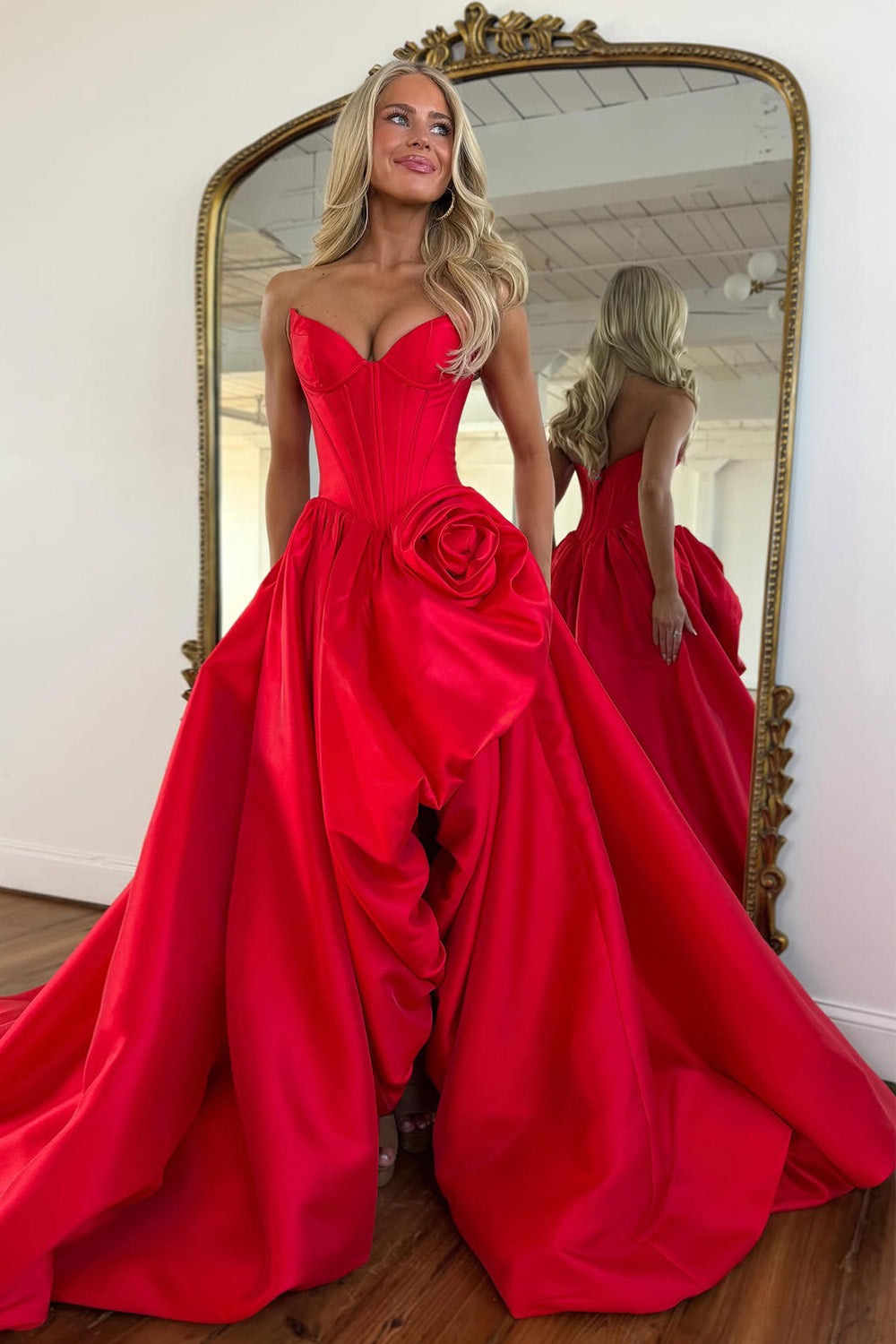Classic Red Satin A-Line Corset Full Skirt Prom Dress with Floral Accent