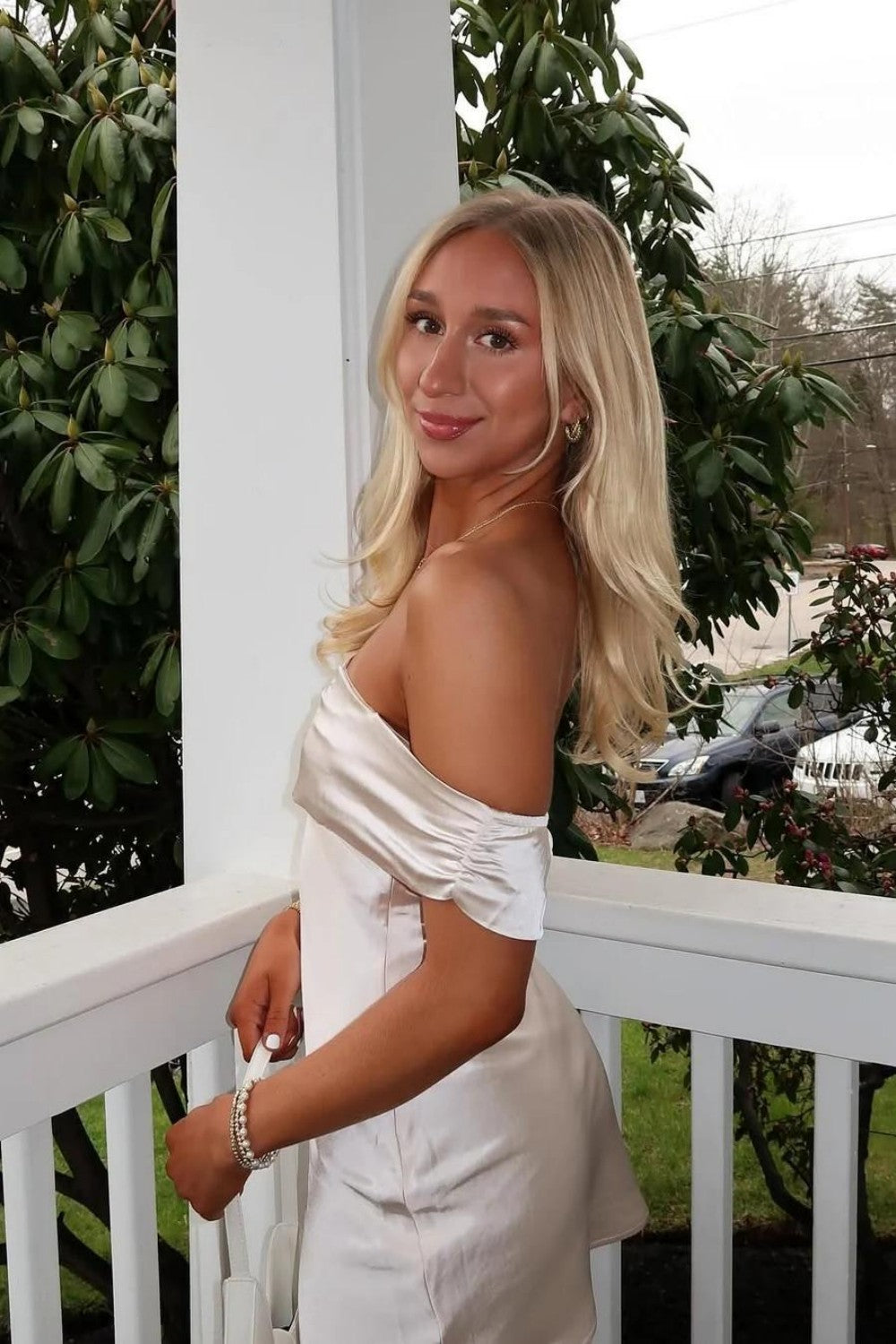 Classic White Satin Homecoming Dress with Draped Off Shoulder Sleeves