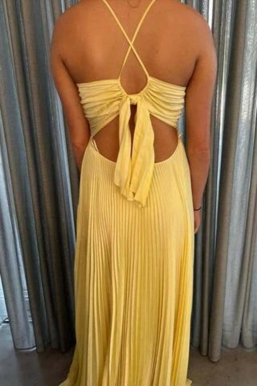 Classic Yellow A-Line Spaghetti Straps Prom Dress with Pleated Skirt