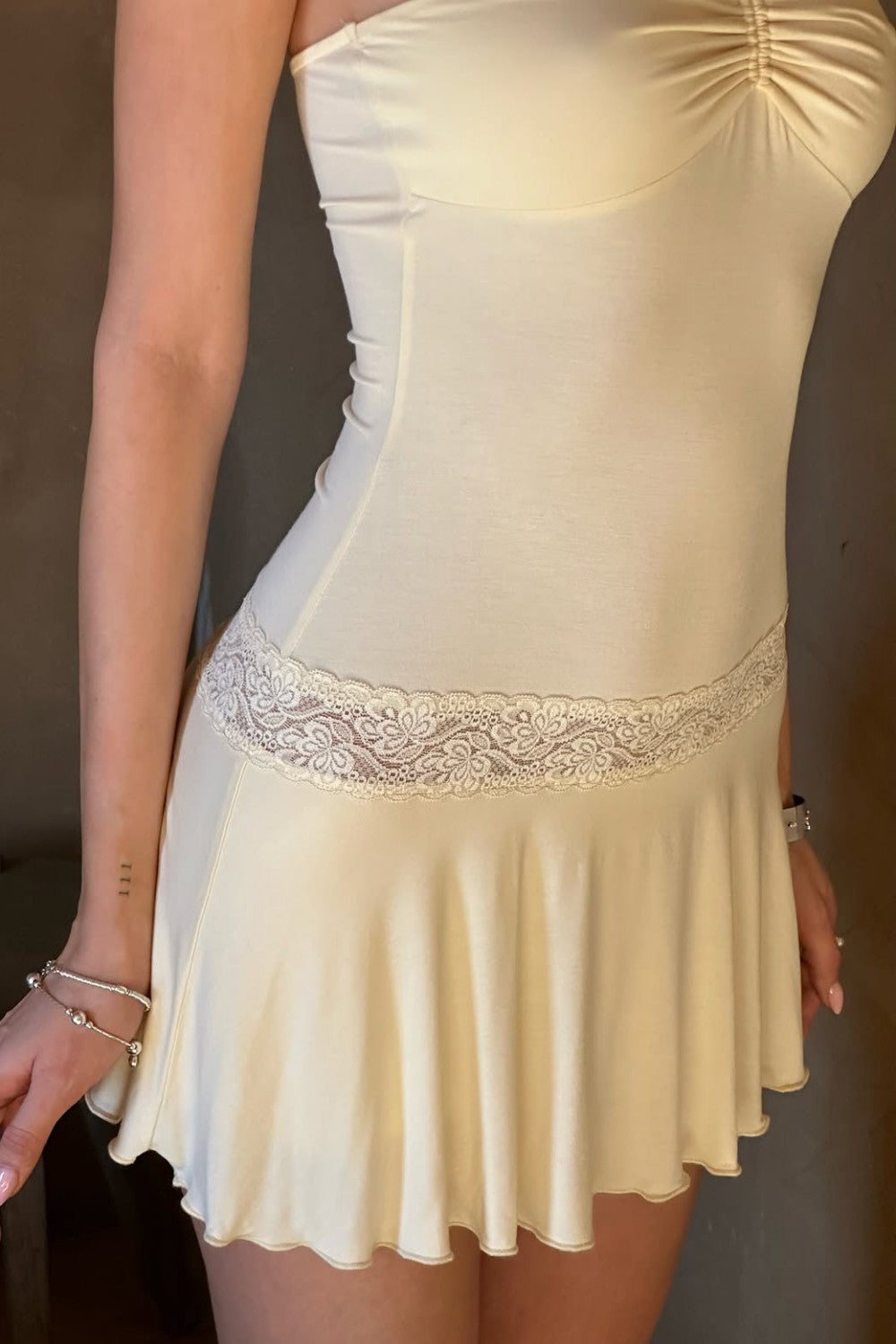 Cream Satin Ruched Bust Lace Detail Short Homecoming Dress