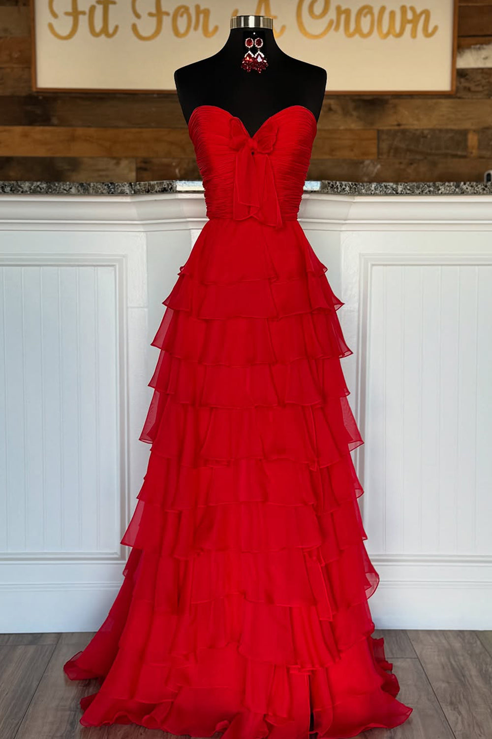 Pink Sweetheart Ruffle Tiered A-Line Prom Dress with Front Bow