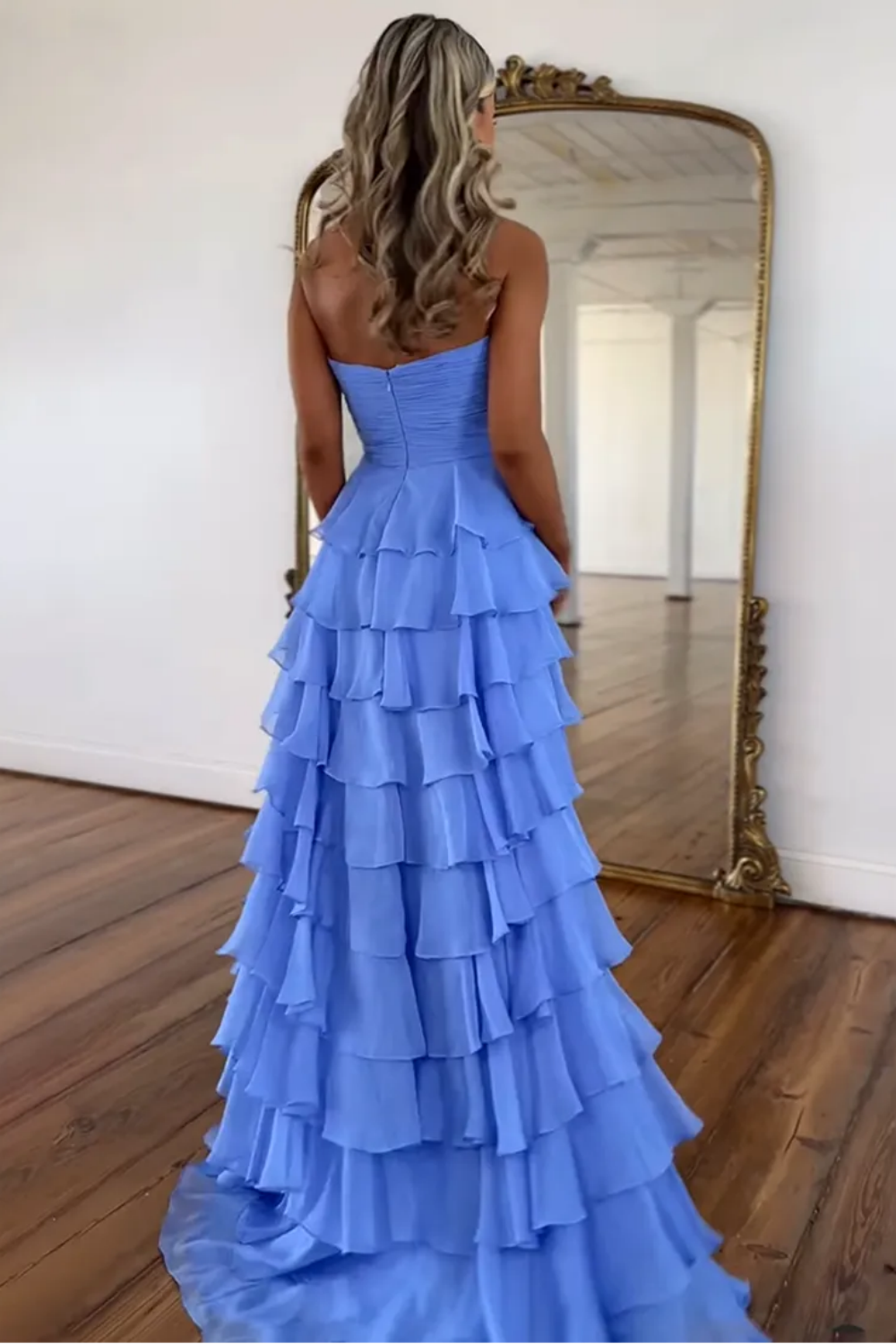 Pink Sweetheart Ruffle Tiered A-Line Prom Dress with Front Bow