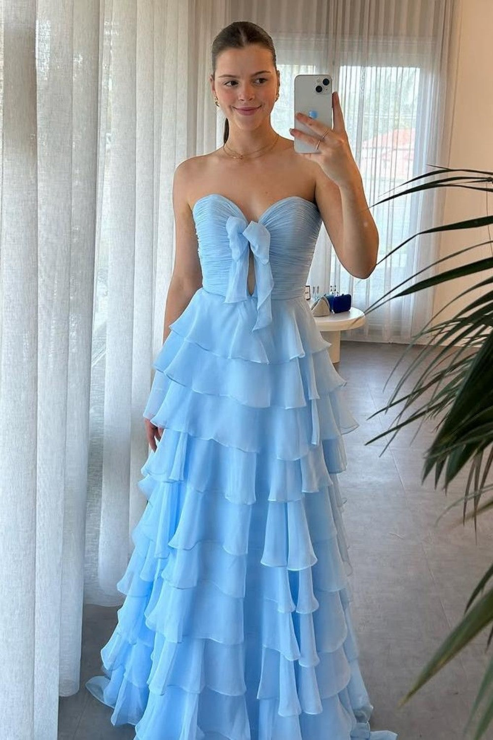 Pink Sweetheart Ruffle Tiered A-Line Prom Dress with Front Bow