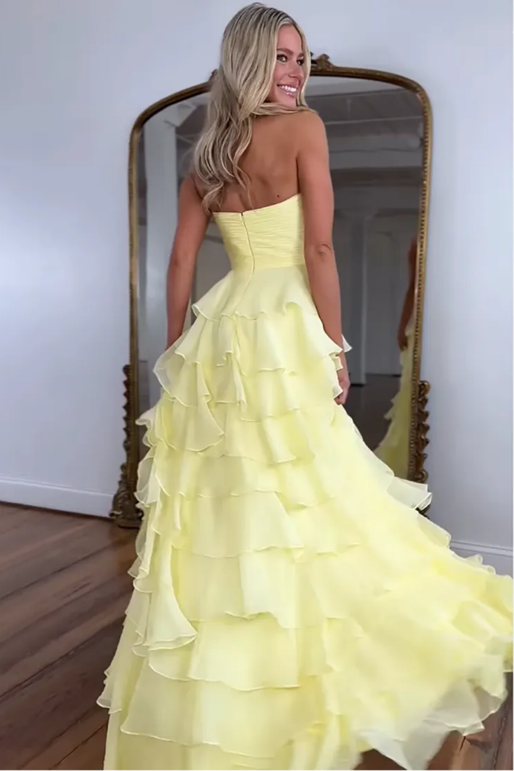 Pink Sweetheart Ruffle Tiered A-Line Prom Dress with Front Bow