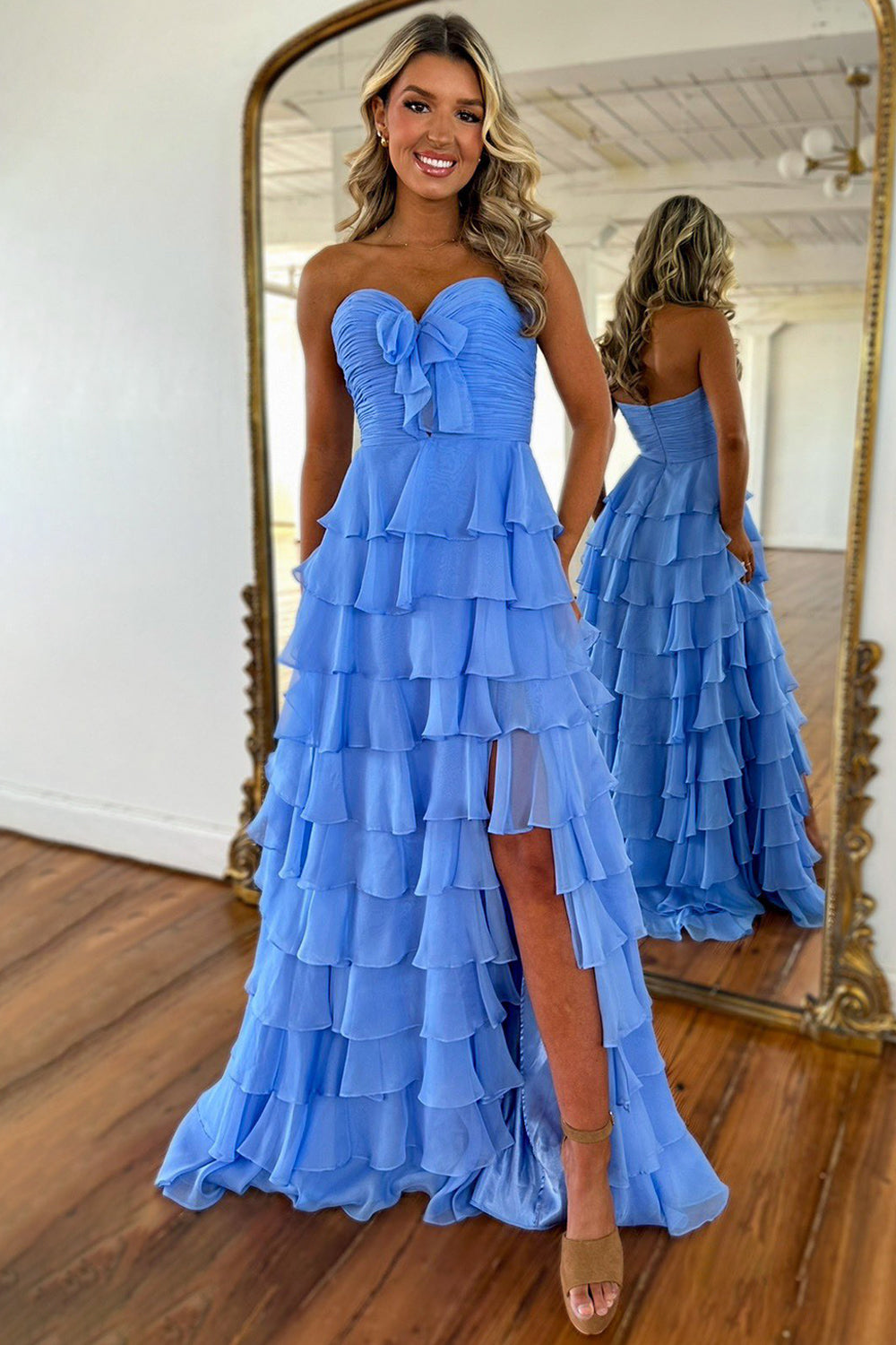 Pink Sweetheart Ruffle Tiered A-Line Prom Dress with Front Bow