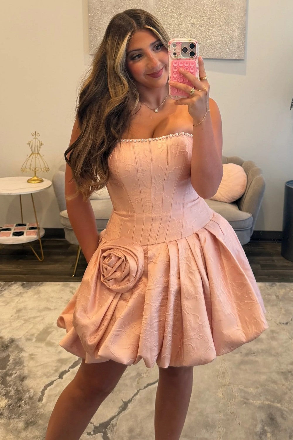 Cute A-Line Floral Mini Homecoming Dress with Strapless Neckline and 3D Rosette