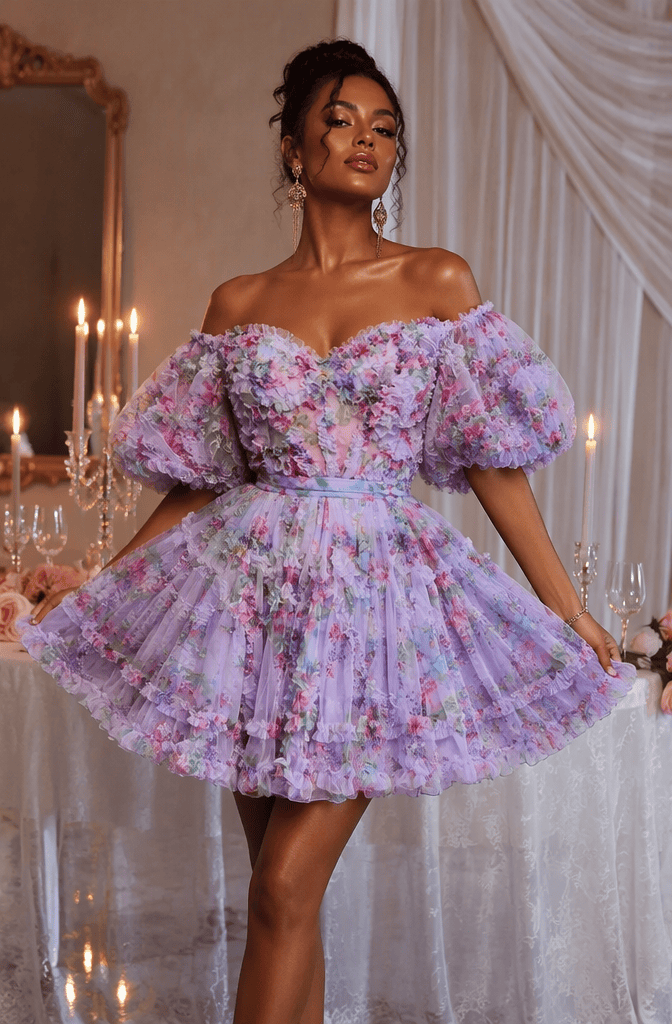Cute Floral Print A Line Homecoming Dress with Off the Shoulder Neckline and Short Length