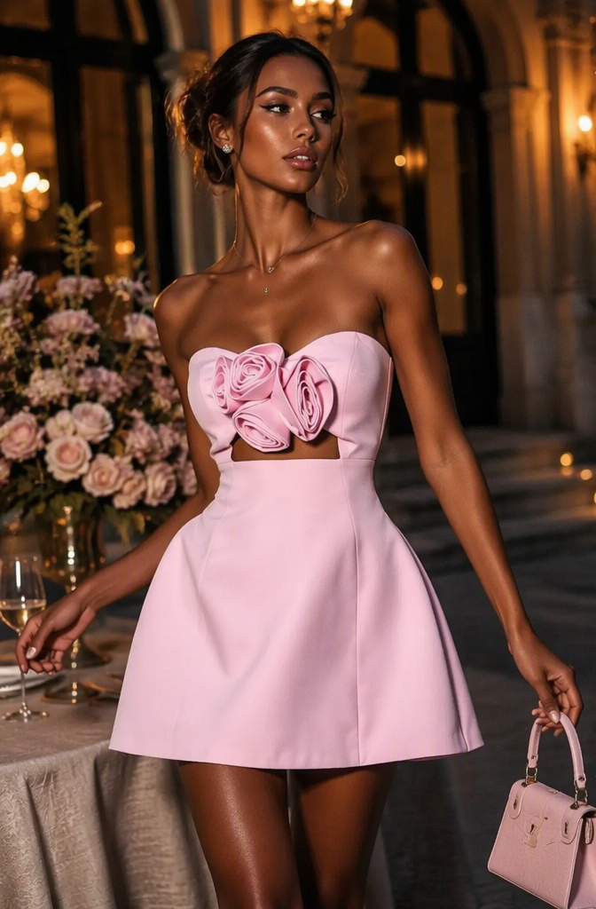 Cute Pink Strapless Homecoming Dress with 3D Floral Bow Detail