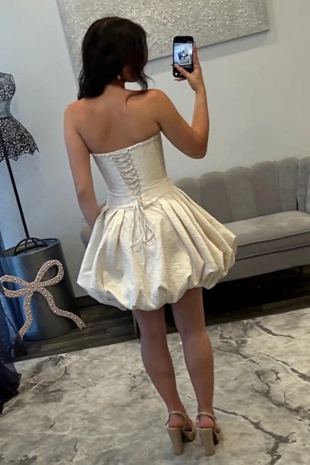 Cute A-Line Floral Mini Homecoming Dress with Strapless Neckline and 3D Rosette