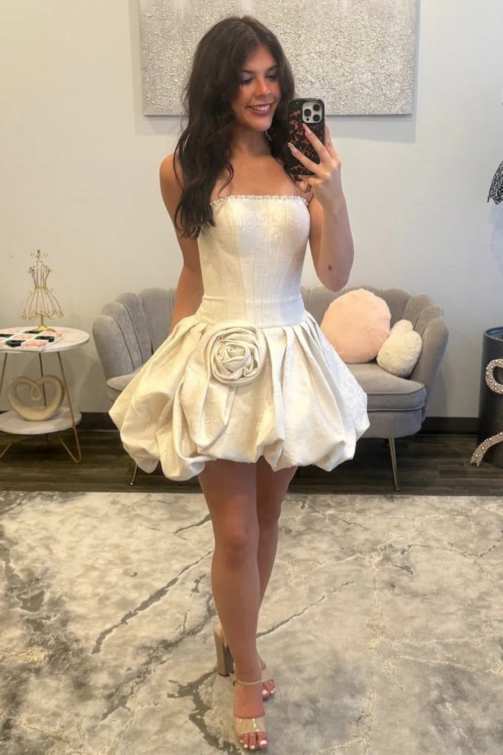 Cute A-Line Floral Mini Homecoming Dress with Strapless Neckline and 3D Rosette