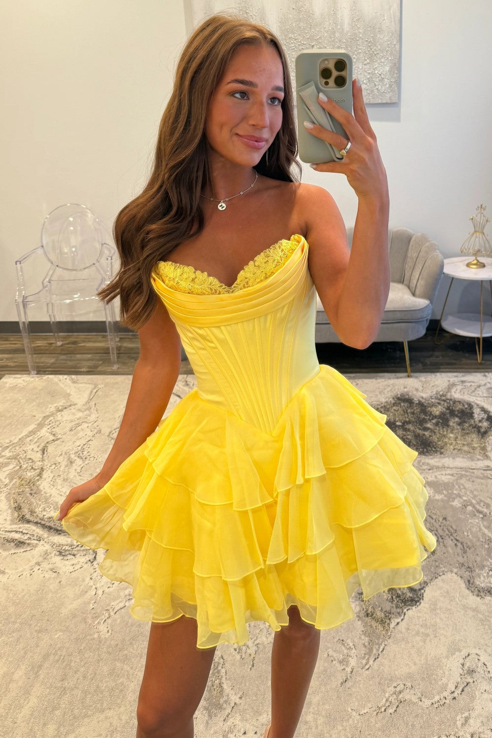 Cute A-Line Sweetheart Ruffled Homecoming Dress with Lace Detail