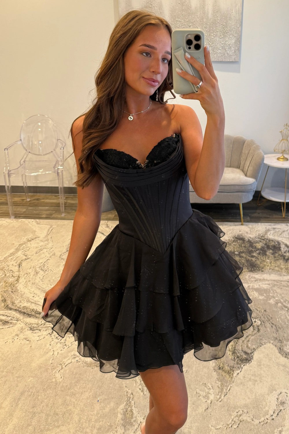 Cute A-Line Sweetheart Ruffled Homecoming Dress with Lace Detail