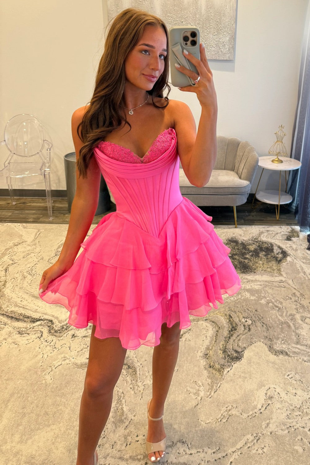 Cute A-Line Sweetheart Ruffled Homecoming Dress with Lace Detail