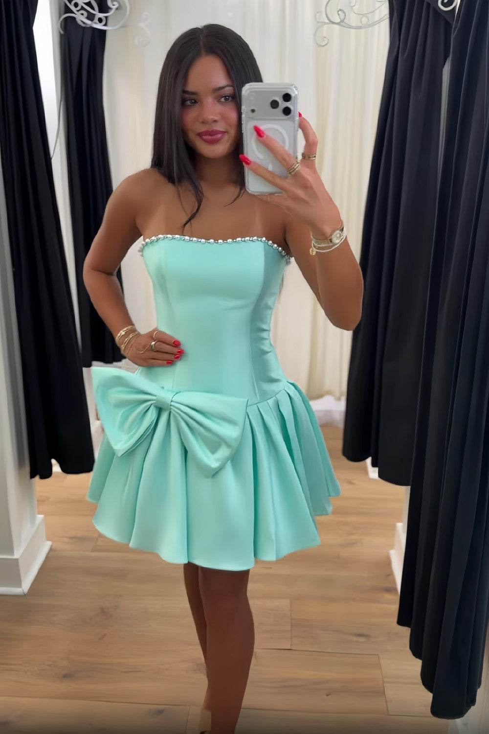 Strapless A-Line Satin Homecoming Dress with Corset Bodice and Oversized Bow