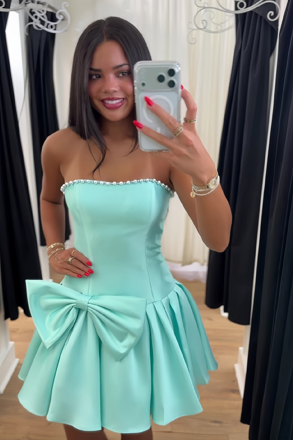Strapless A-Line Satin Homecoming Dress with Corset Bodice and Oversized Bow