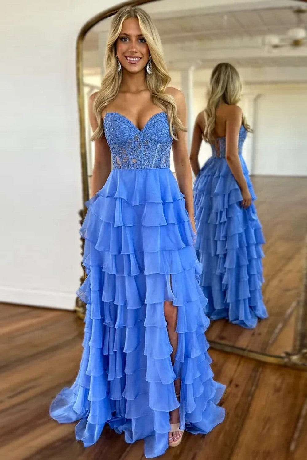 Cute Light Blue A-Line Sweetheart Lace Up Long Tiered Chiffon Prom Dress with Slit