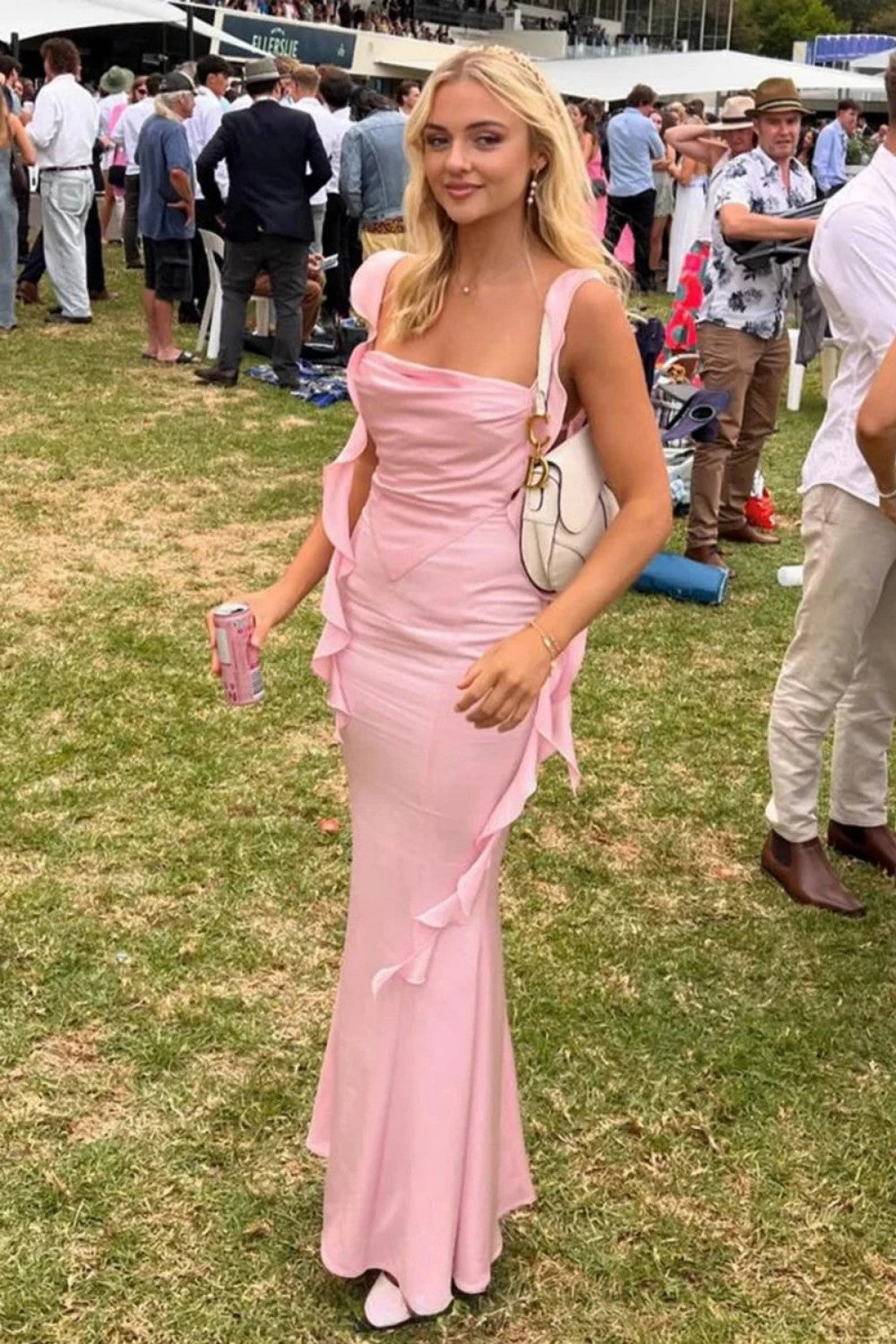 Cute Mermaid Square Neck Pink Long Prom Dress with Ruffles Backless