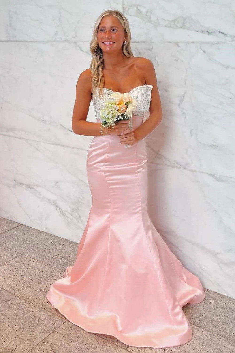 Cute Mermaid Sweetheart Pink Long Prom Dress with Beading Bowknot