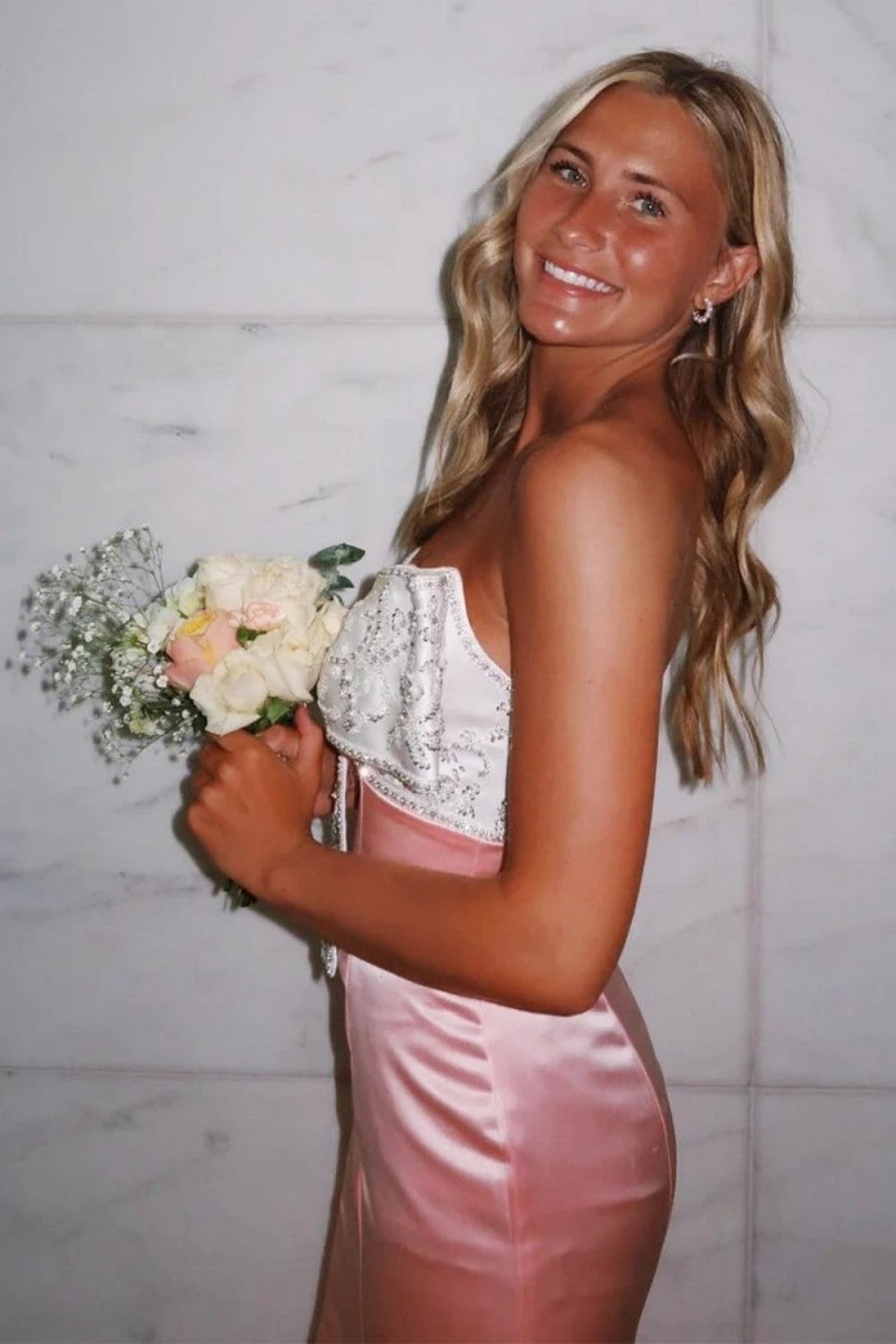 Cute Mermaid Sweetheart Pink Long Prom Dress with Beading Bowknot