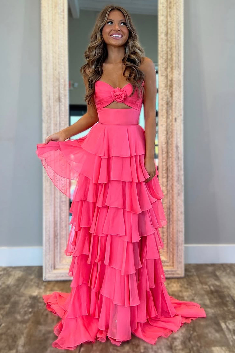 Romantic Blush Pink Strapless Chiffon Tiered Prom Gown for Formal Evenings