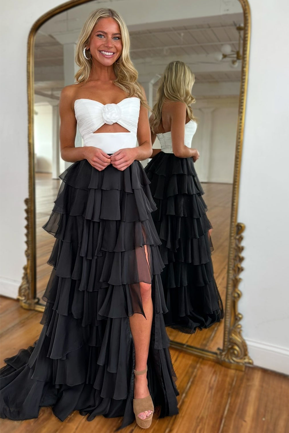 Romantic Blush Pink Strapless Chiffon Tiered Prom Gown for Formal Evenings