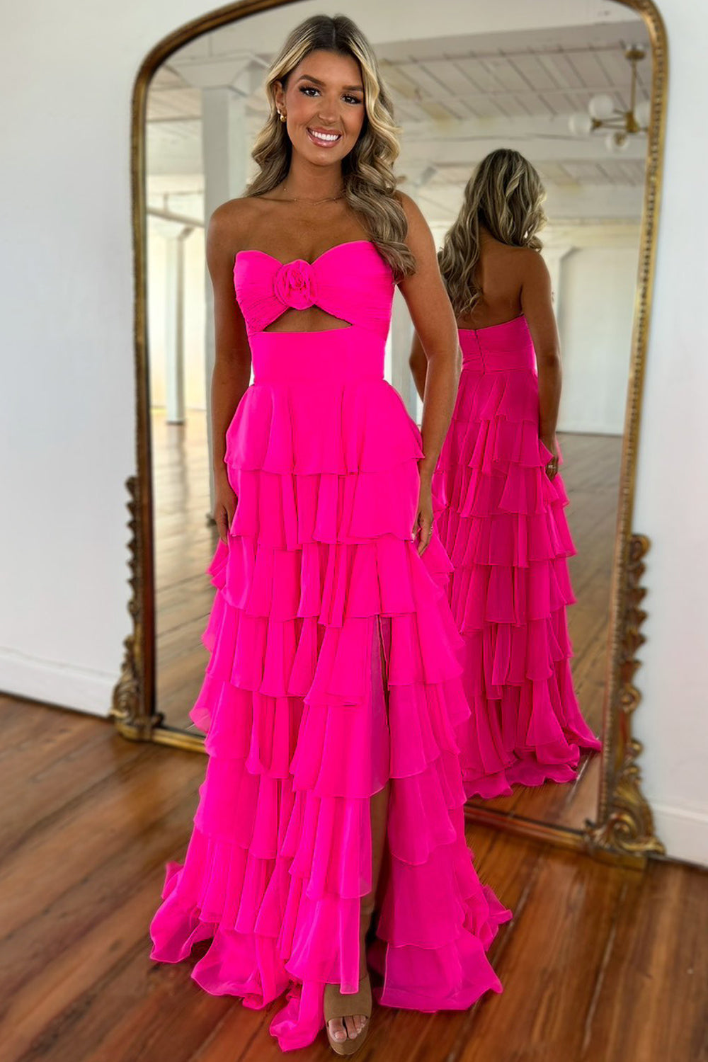 Romantic Blush Pink Strapless Chiffon Tiered Prom Gown for Formal Evenings