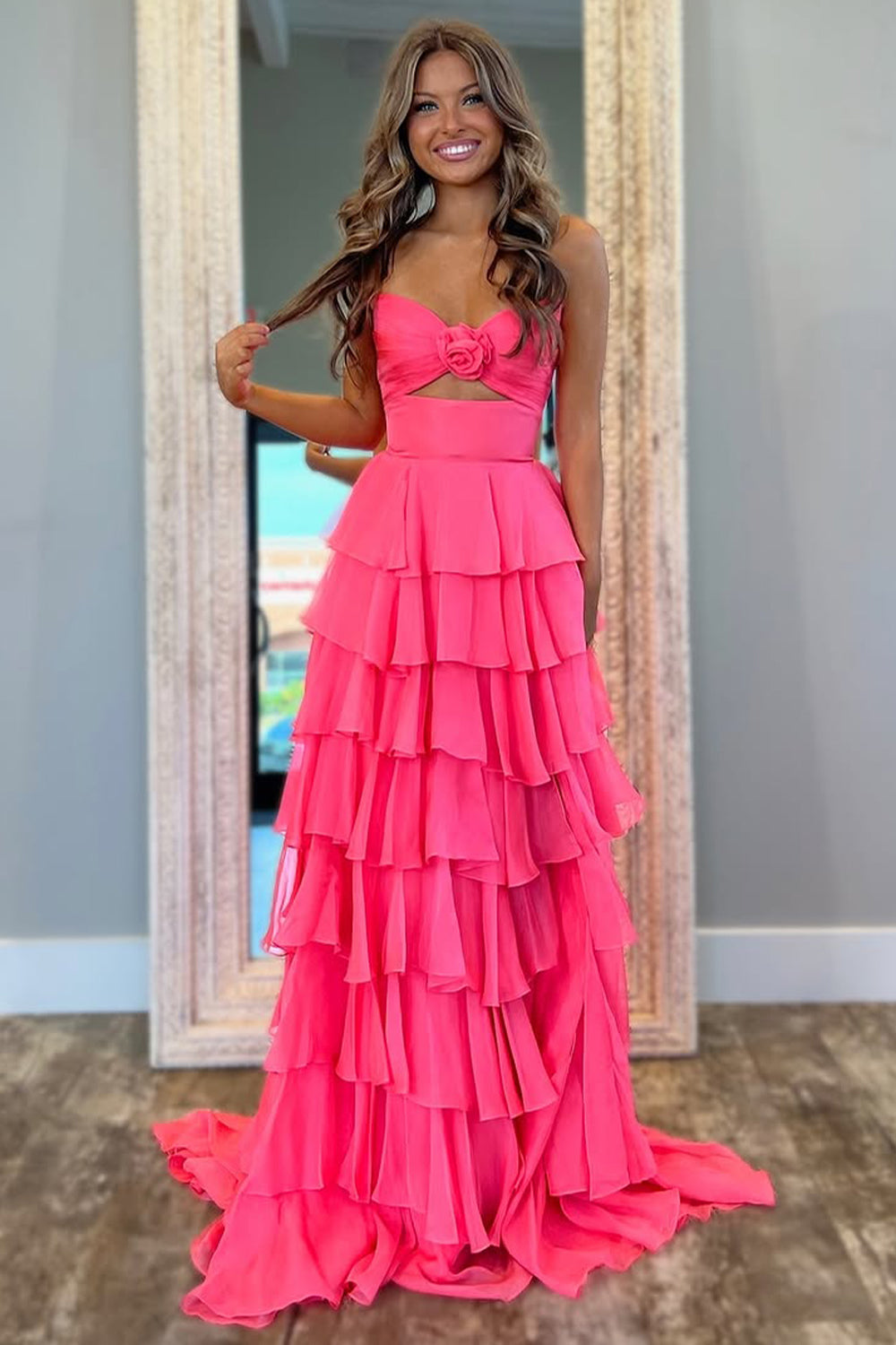 Romantic Blush Pink Strapless Chiffon Tiered Prom Gown for Formal Evenings