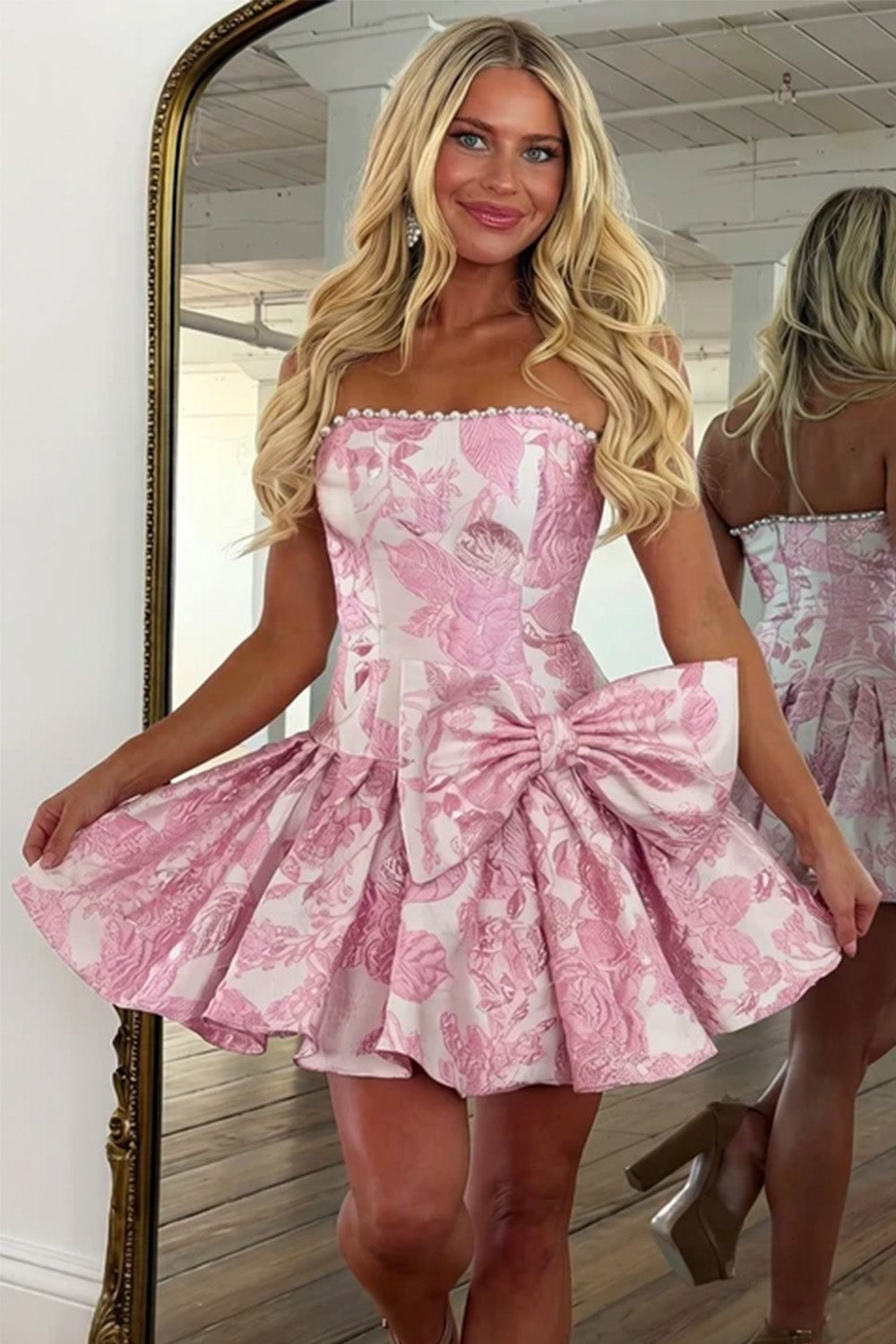 Cute Pink Floral Jacquard Mini Homecoming Dress with Statement Bow