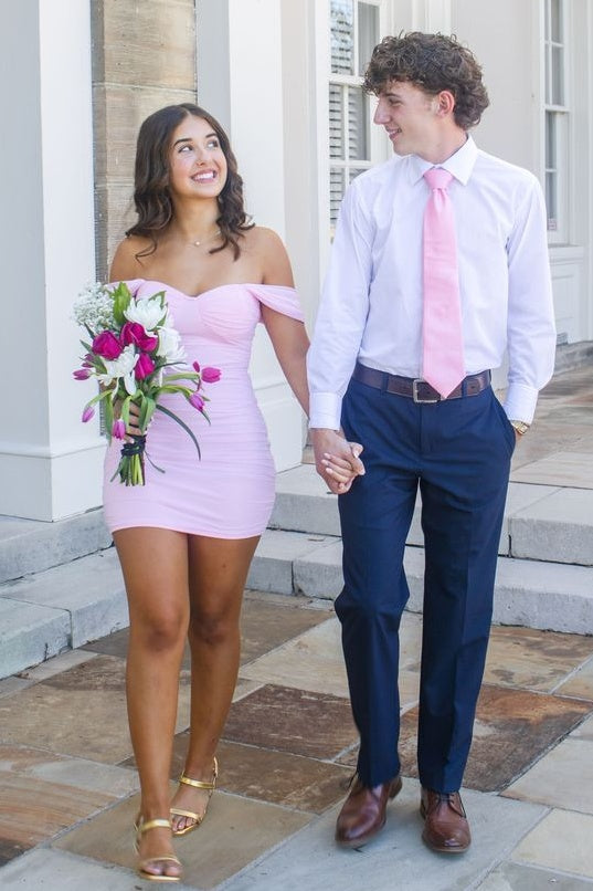 Cute Sheath Off the Shoulder Light Pink Short Homecoming Dress