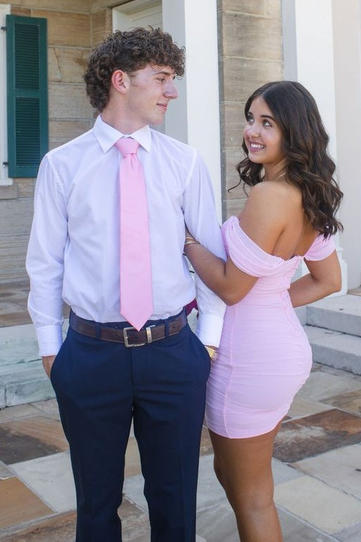 Cute Sheath Off the Shoulder Light Pink Short Homecoming Dress