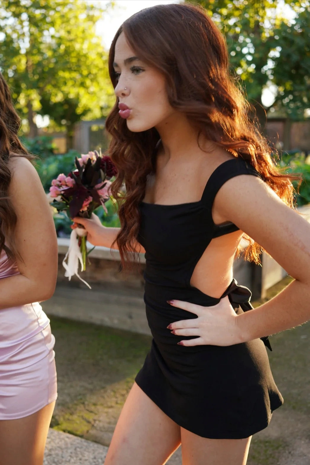 Cute Sheath Square Neck Black Satin Homecoming Dress with Bowknot