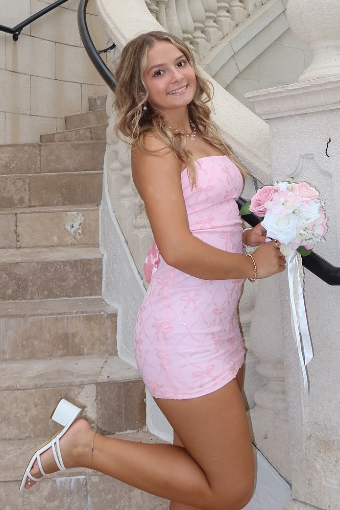 Cute Sheath Strapless Light Pink Short Homecoming Dress with Criss Cross Back