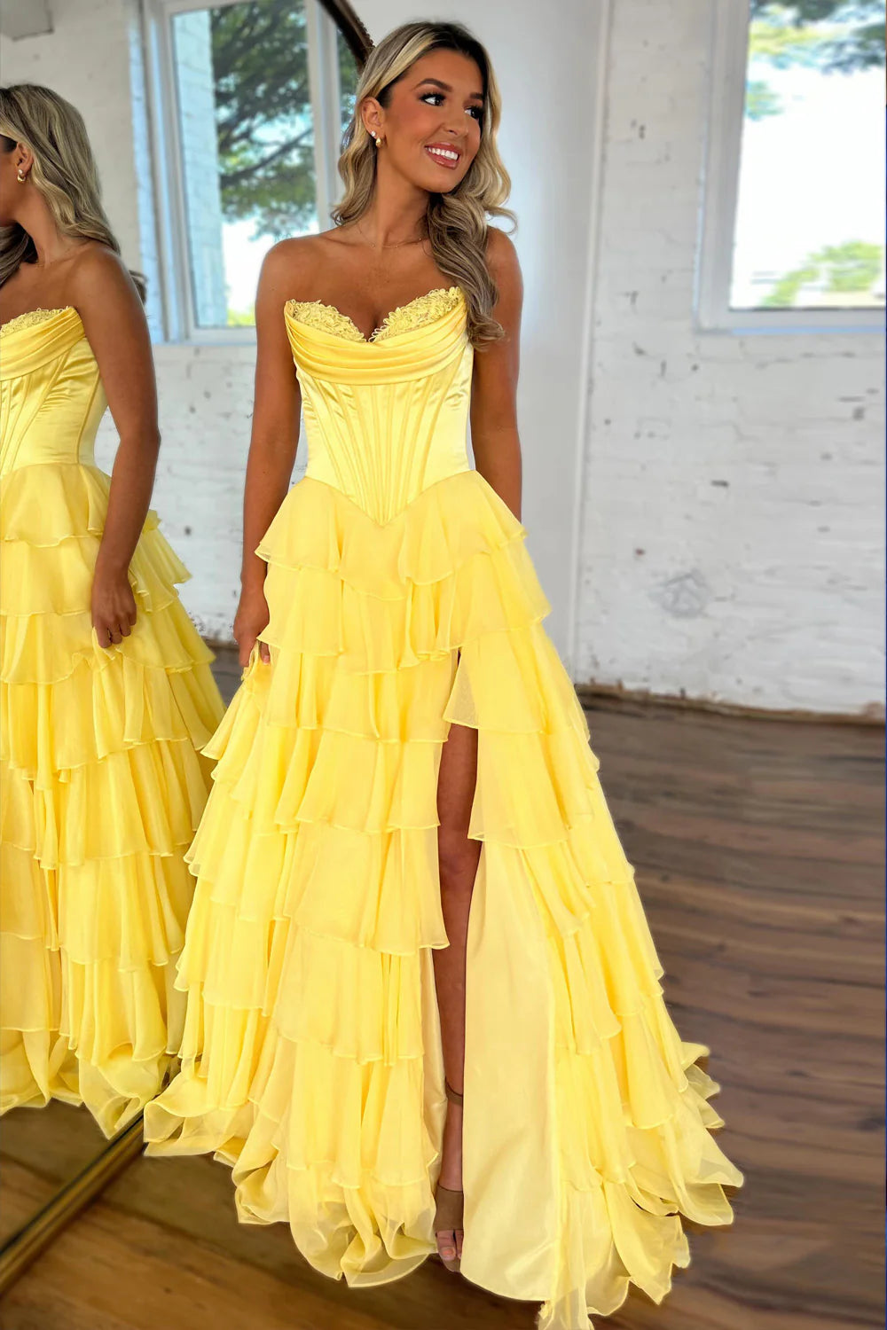 Pretty Sweetheart A-Line Satin Top Long Layered Chiffon Prom Dress with Slit