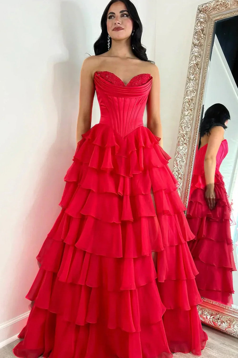 Romantic Yellow Sweetheart Corset Tiered Ruffle Chiffon Ball Gown Prom Dress