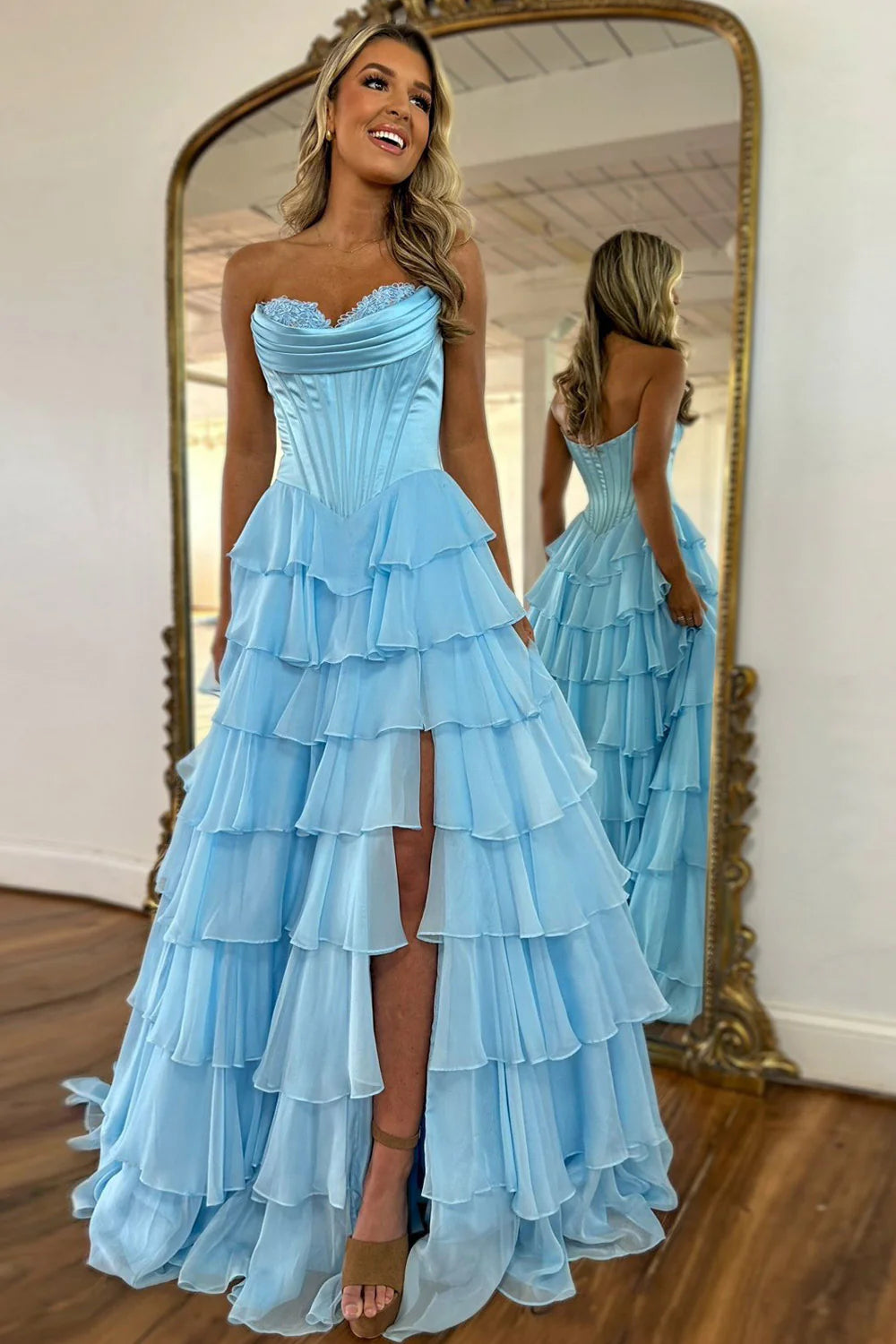 Romantic Yellow Sweetheart Corset Tiered Ruffle Chiffon Ball Gown Prom Dress
