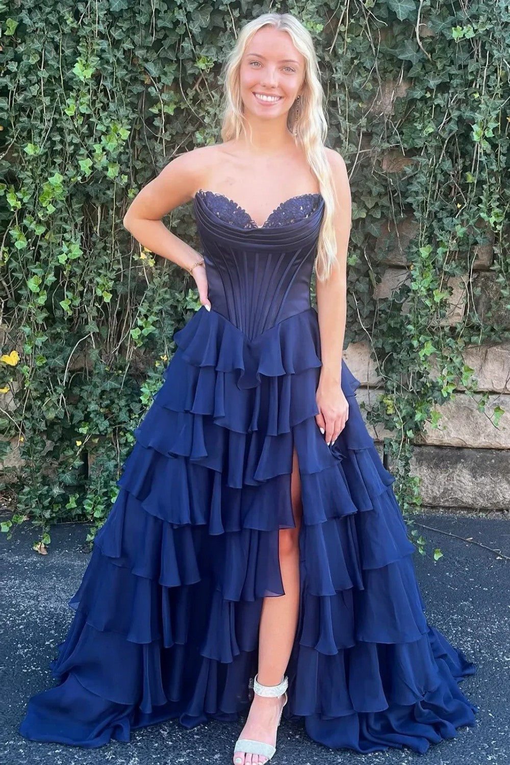 Romantic Yellow Sweetheart Corset Tiered Ruffle Chiffon Ball Gown Prom Dress
