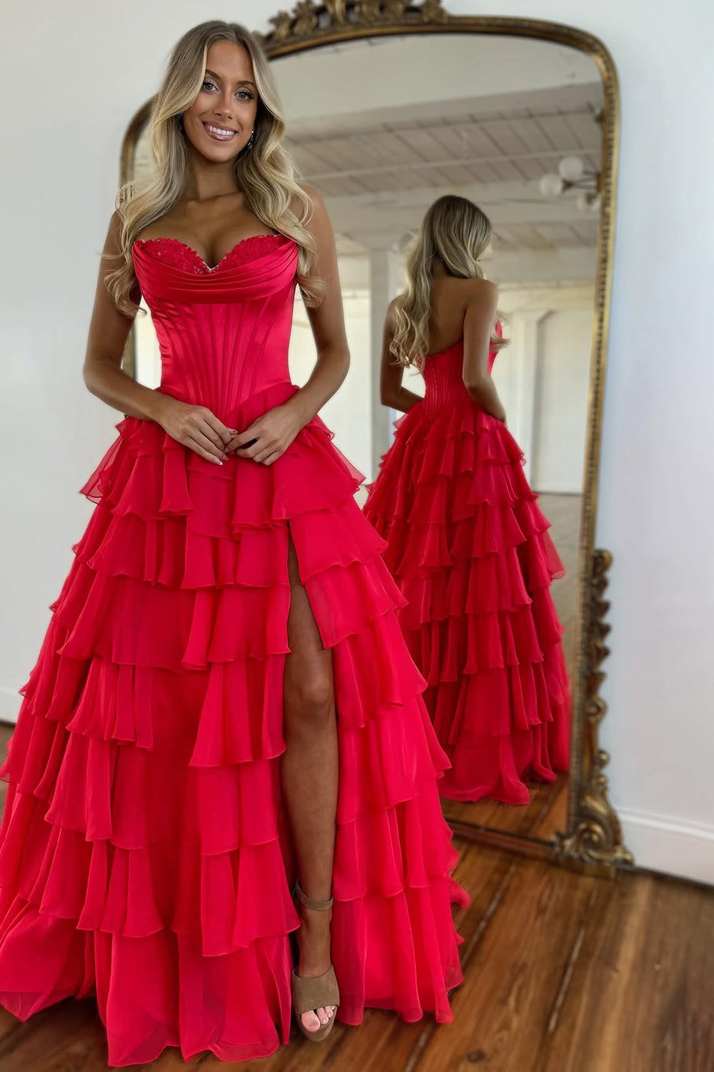 Romantic Yellow Sweetheart Corset Tiered Ruffle Chiffon Ball Gown Prom Dress