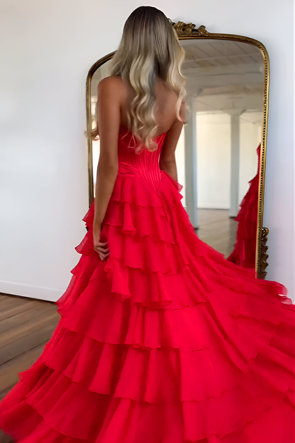 Romantic Yellow Sweetheart Corset Tiered Ruffle Chiffon Ball Gown Prom Dress