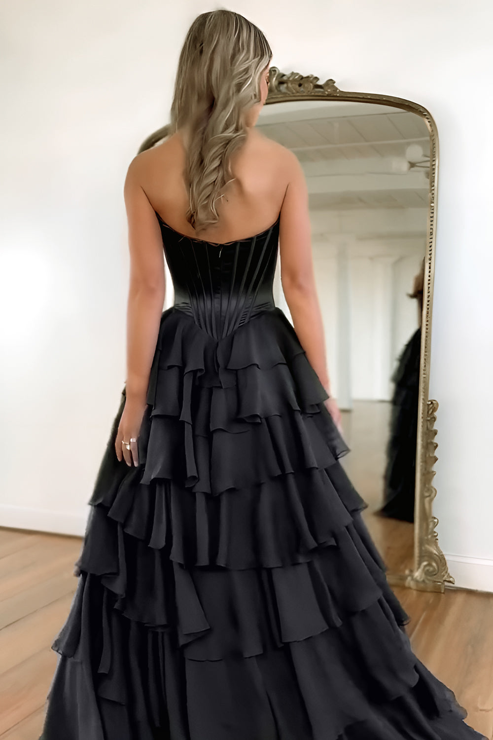 Romantic Yellow Sweetheart Corset Tiered Ruffle Chiffon Ball Gown Prom Dress